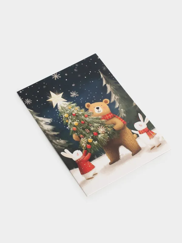 Открытка подарочная, 12х17 см, бумага, сине-молочная, Мишка и зайцы, Friends forest, image-2