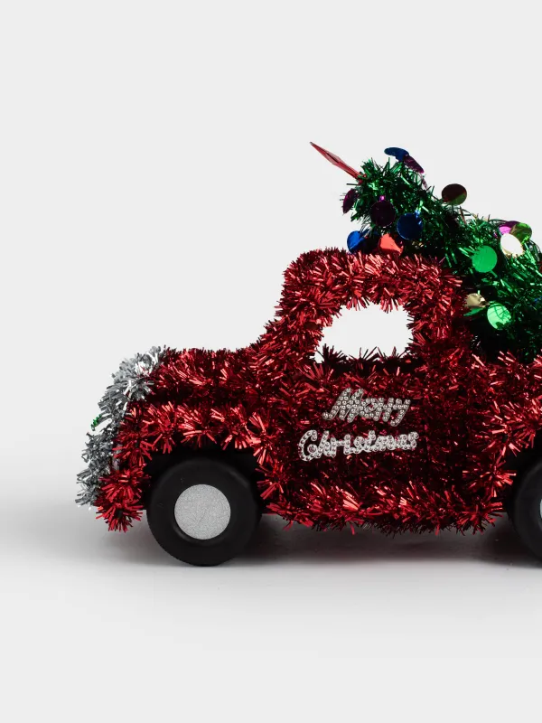 Статуэтка, 27 см, мишура/пластик, красная, Машина с елкой, Tinsel decor, image-5