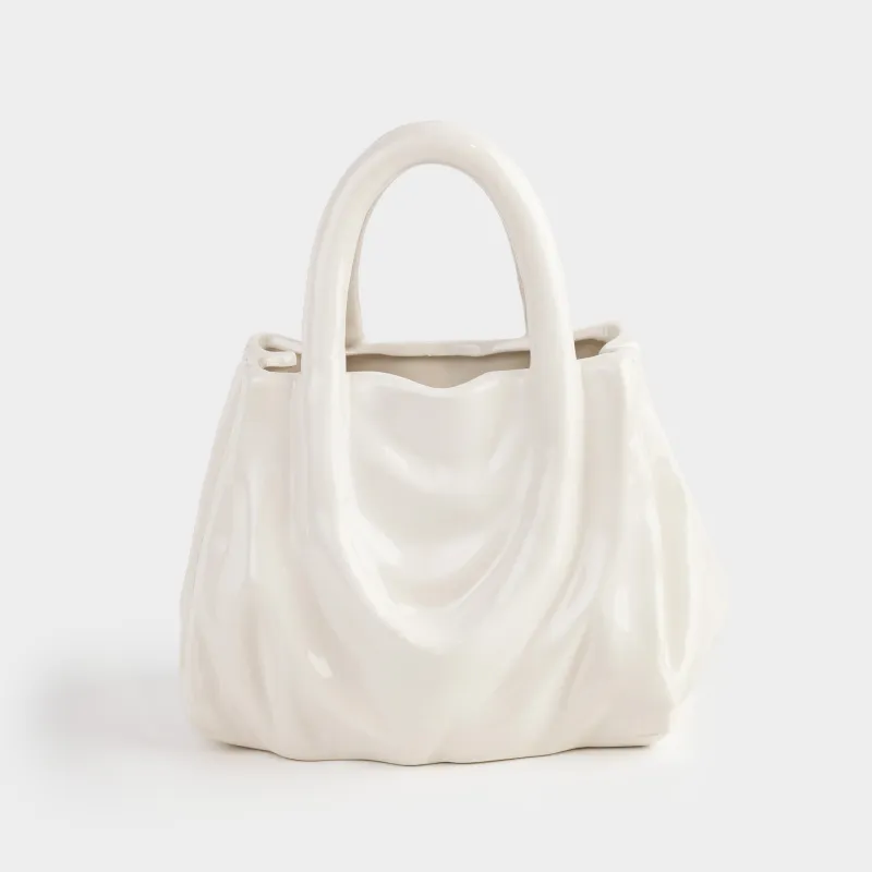 Ваза для цветов, 23 см, декоративная, с ручкой, керамика, экрю, Мятый эффект, Сумка, Crumple