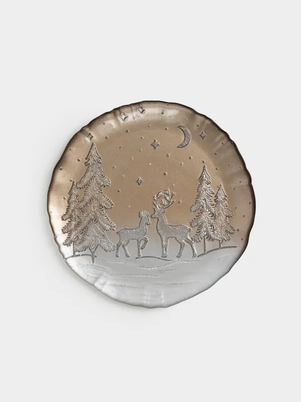Блюдо, 27х2 см, стекло, молочно-бронзовое, Олени в лесу, Brumal, image-0