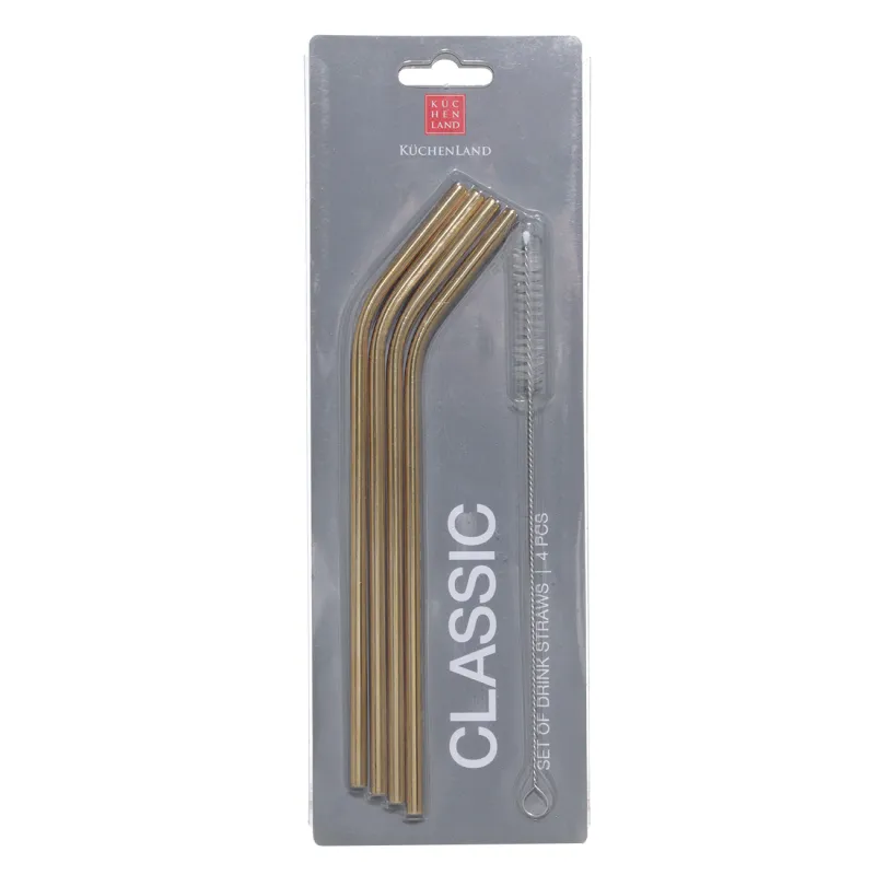 Трубочка для напитков, 21 см, 4 шт, с ершиком, сталь, золотистая, Classic gold, image-1
