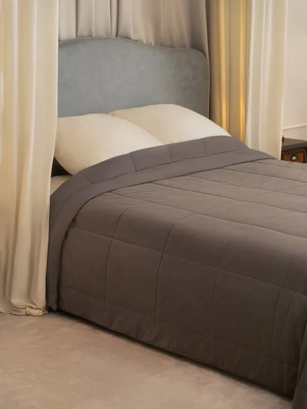 Покрывало, 220х240 см, стеганое, вельвет/микрофибра, серо-коричневое, Stitch velvet, image-2