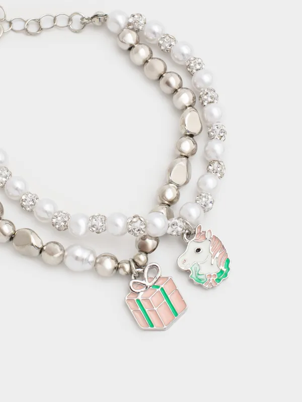 Набор браслетов, 16 см, 2 шт, детский, металл/пластик, серебристый, Бусины, Pearl, image-1