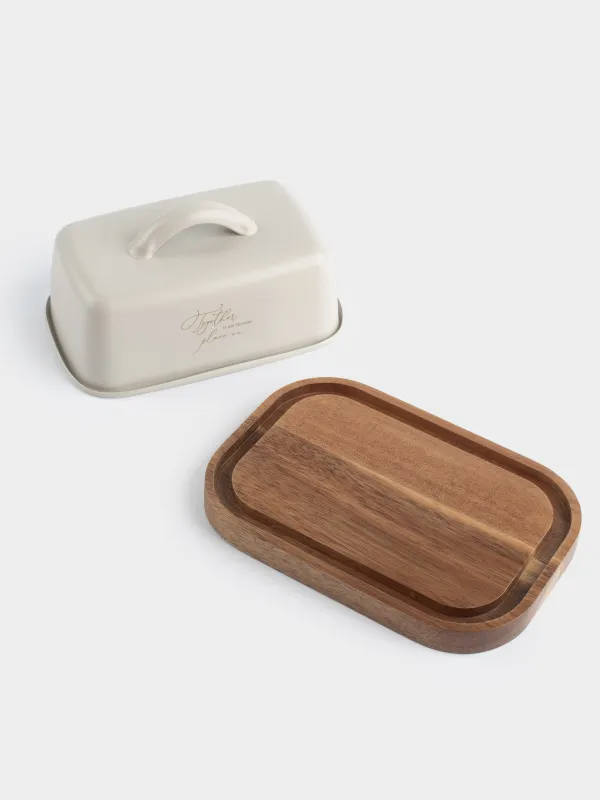 Масленка, 16 см, металл/дерево, прямоугольная, бежевая, Ritlen, image-2