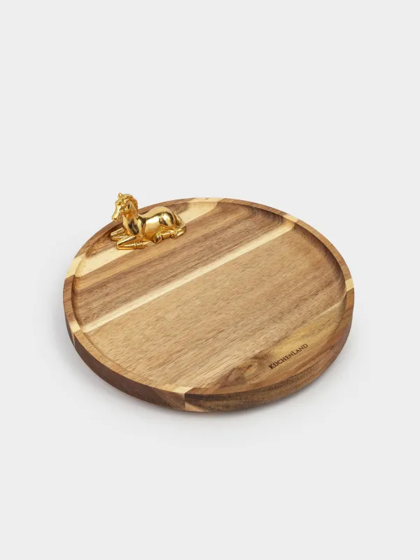 Блюдо сервировочное, 25х10 см, на ножках, дерево/полирезин, круглое, Золотистый конь, Noble tree, image-1