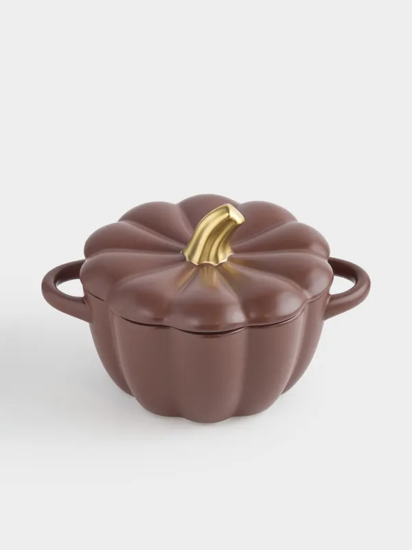 Форма для запекания, 21 см, 2,3 л, с крышкой, керамика, коричнево-золотистая, Тыква, Gourd, image-1