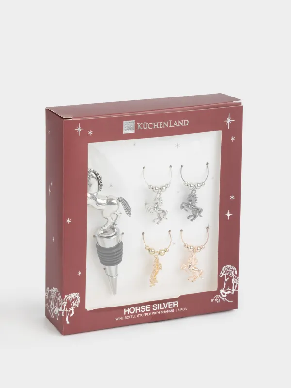 Пробка для винной бутылки с подвесками, 5 пр, металл/бусины, Конь, Horse silver, image-6