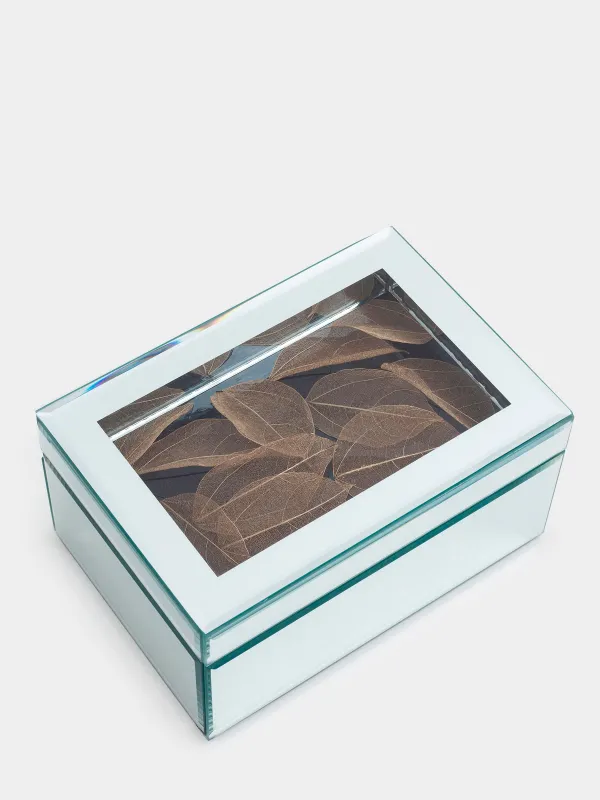 Шкатулка для украшений, 20х14 см, стекло, зеркальная, Золотистые листья, Glossy, image-2