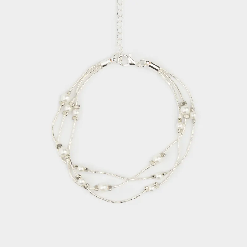 Браслет, 18 см, тройной, металл/пластик, серебристый, Бусины, Pearl