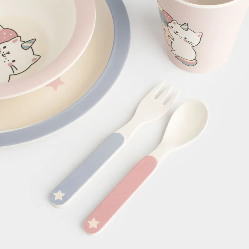 Набор посуды, детский, 1 перс, 5 пр, бамбук, розово-голубой, Кот-единорог, Cat-unicorn, image-9