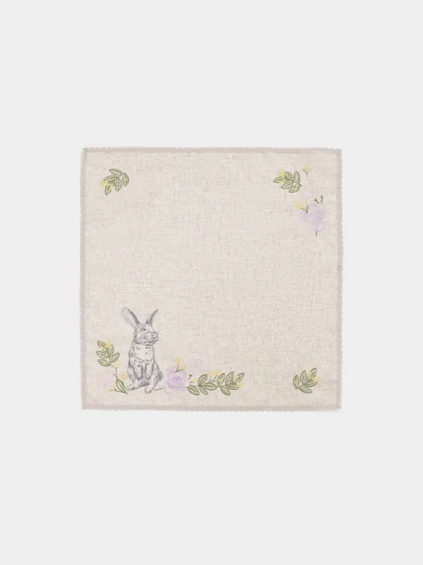 Салфетка пасхальная, 65х65 см, полиэстер/лен, в корзину, бежевая, Кролик, Rabbits in flower, image-0