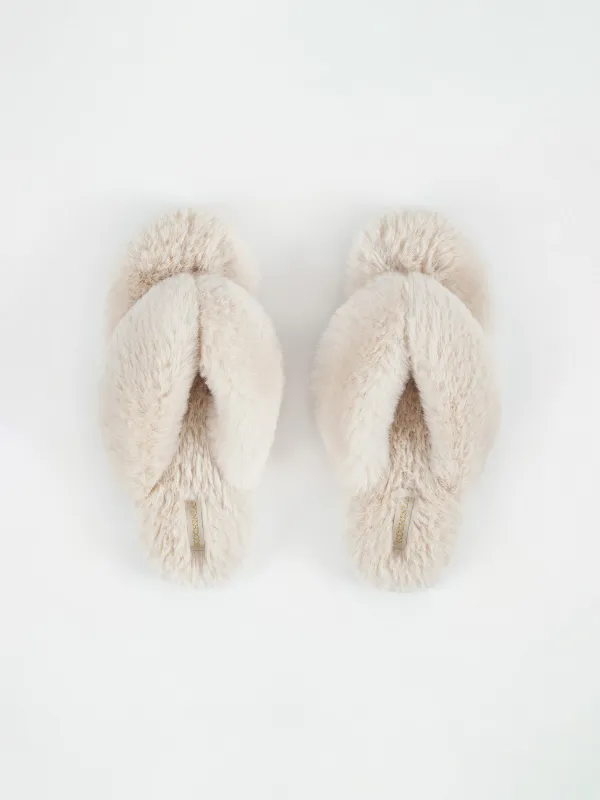 Тапочки женские, домашние, через палец, искусственный мех, молочные, Bushy, image-1