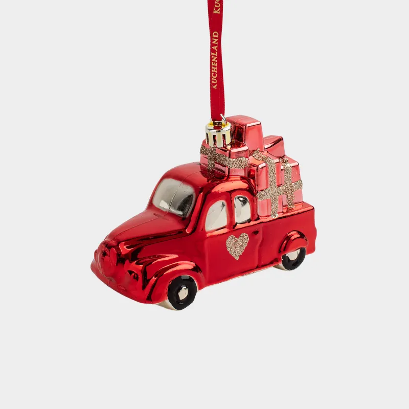 Игрушка елочная, 11 см, пластик, с блестками, красная, Машинка с сердечком, Figure christmas