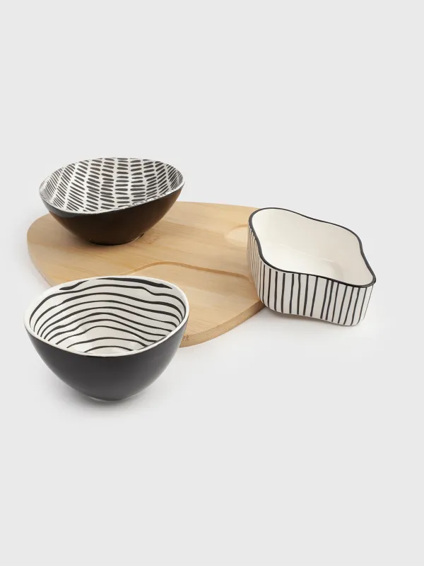 Набор для закусок, 3 пр, на подставке, керамика/дерево, черно-белый, Линии, Noble tree, image-7