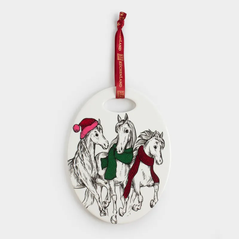 Подставка под горячее, 15x20 см, керамика/пробка, овальная, белая, Лошади в шарфах, Horse trio