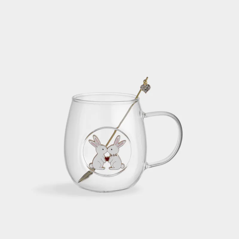 Кружка, 470 мл, с ложкой, стекло Б/металл, Белые кролики, Lux elements