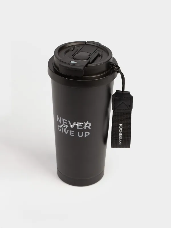 Термокружка, 500 мл, клапан/трубочка, с ремешком, сталь/пластик, черно-золотистая, Ballad, image-1