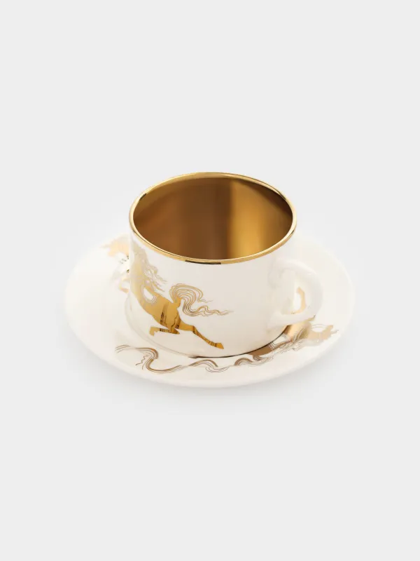 Пара чайная, 1 перс, 2 пр, 220 мл, фарфор N, бело-золотистая, Лошадь, Horse gold, image-1