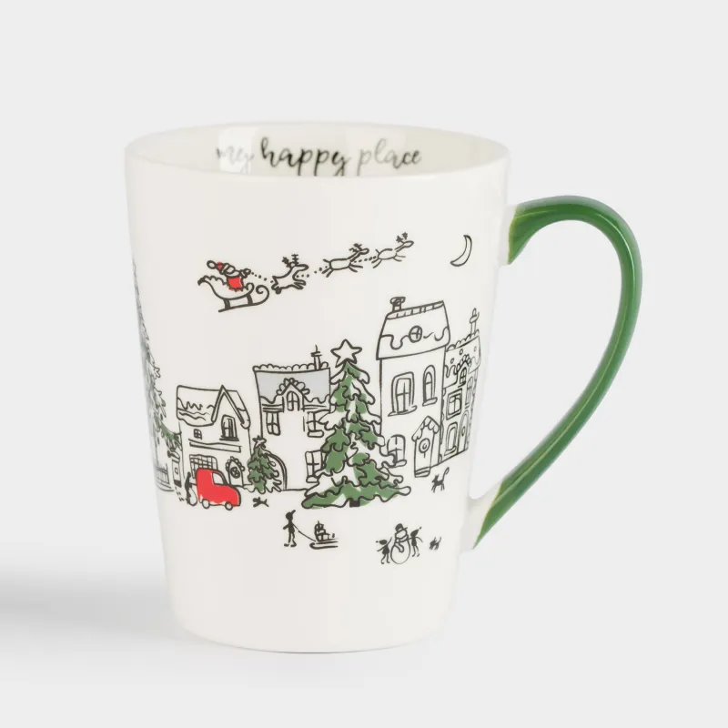 Кружка, 420 мл, фарфор N, бело-зеленая, Праздничный город, Christmas city
