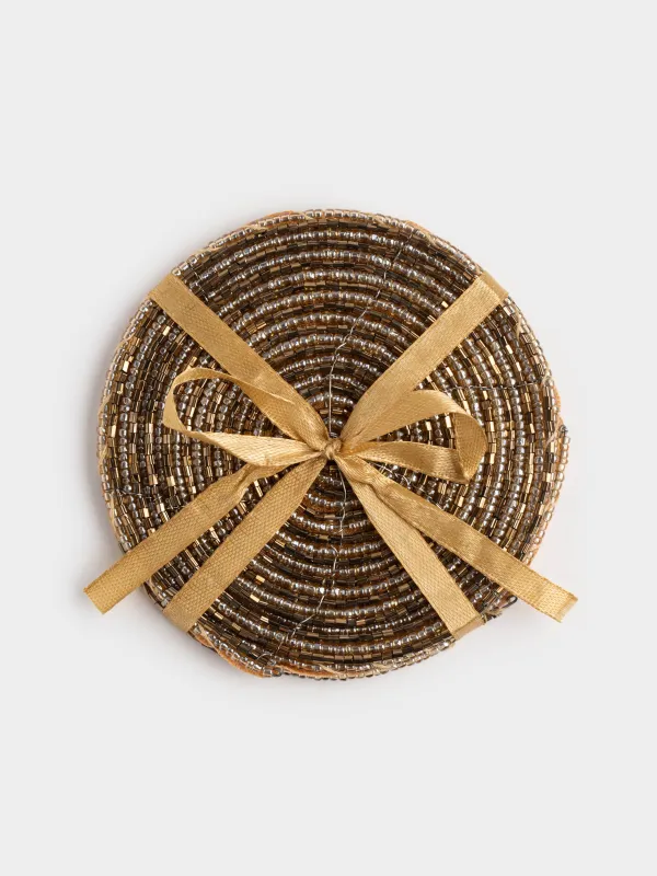 Подставка под кружку, 10 см, 2 шт, круглая, бисер, золотистая, Shiny beads, image-3