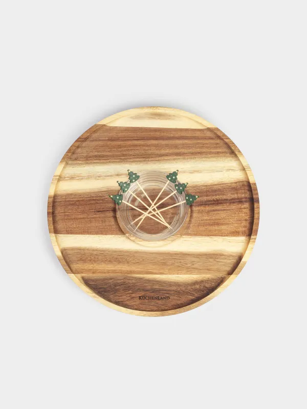 Блюдо для закусок, 28 см, с пиалой, вращающееся, со шпажками, дерево/стекло, Noble tree, image-1