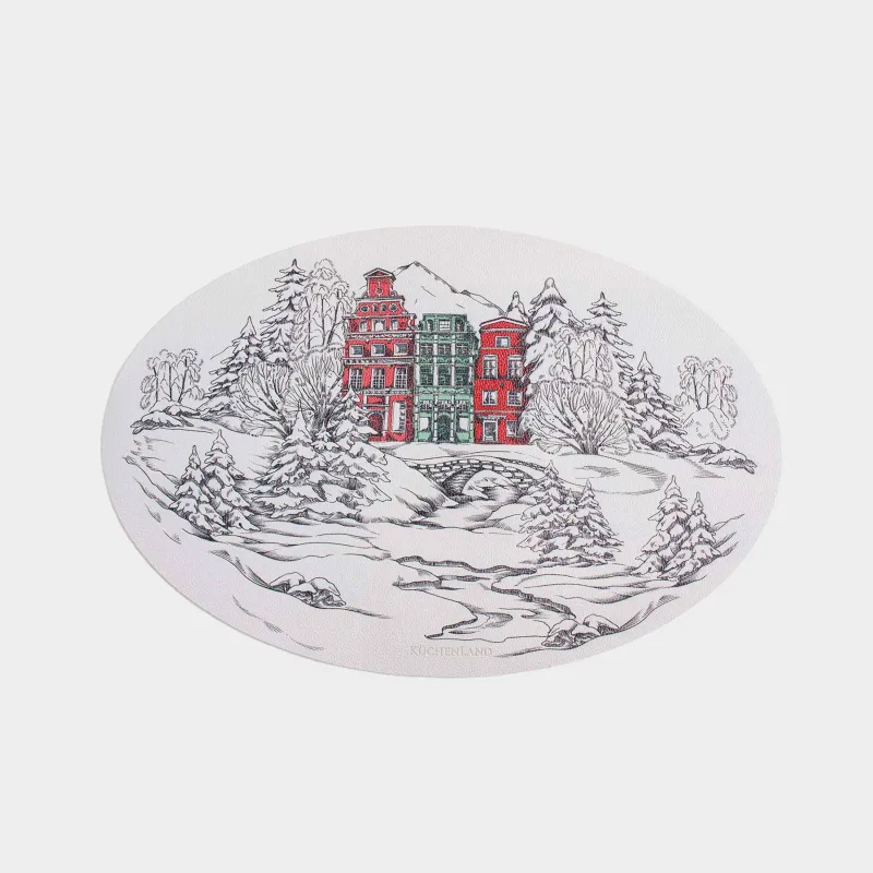 Салфетка под приборы, 30х45 см, ПВХ, овальная, белая, Дома в зимнем лесу, Rock print