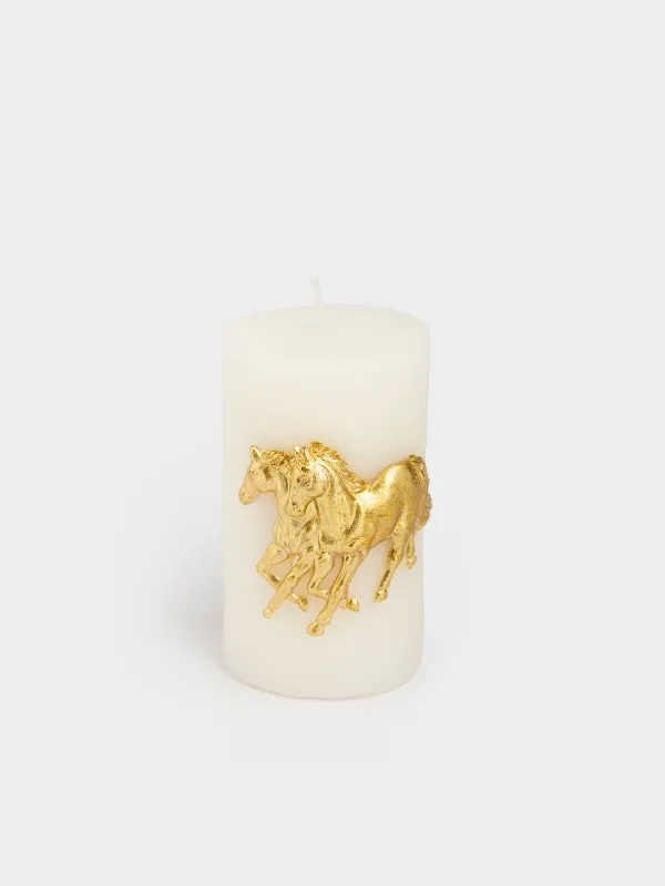Свеча, 6х10 см, цилиндрическая, молочная, Золотистые лошади, Horse gold, image-0