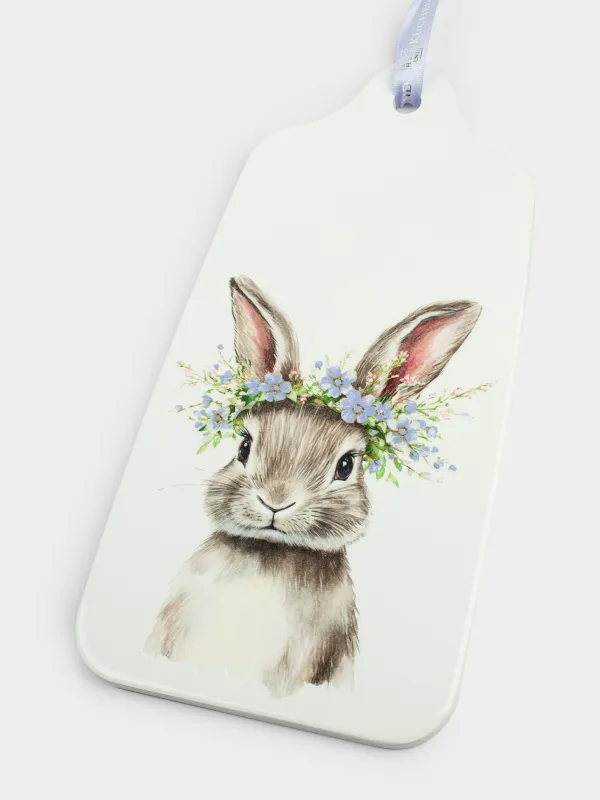 Подставка под горячее, 14x28 см, керамика/пробка, белая, Кролик в венке, Flora Easter, image-1