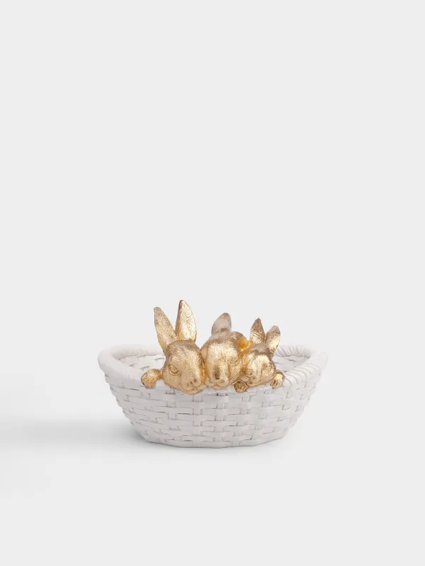 Конфетница, 27х16 см, полирезин, бело-золотистая, Кролики в корзине, Rustic Easter, image-0