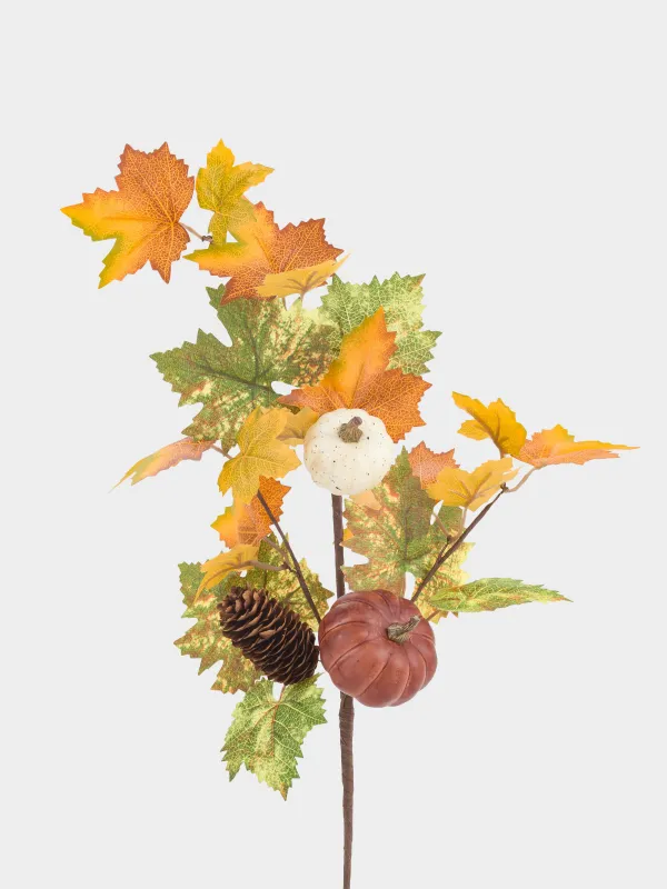 Ветка декоративная, 60 см, Тыквы с шишками и листьями, Autumn fusion, image-1