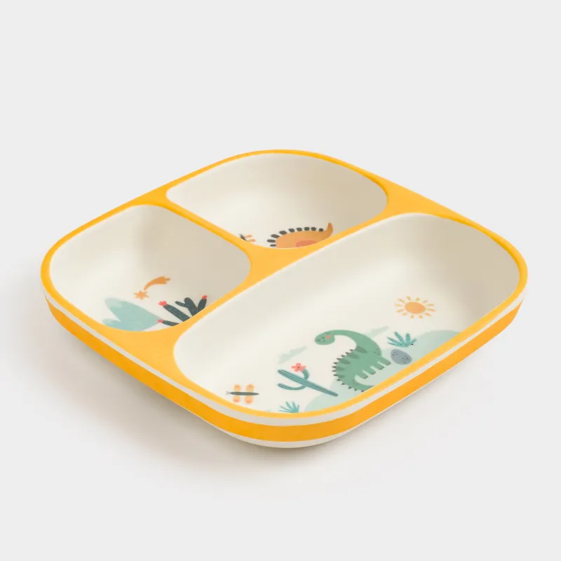 Тарелка обеденная, детская, 18 см, 3 отд, бамбук, квадратная, желтая, Динозавры, Dino, image-3
