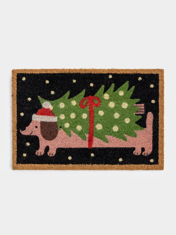 Коврик придверный, 40х60 см, кокос/ПВХ, прямоугольный, синий, Собака с елкой, Christmas dog, image-0