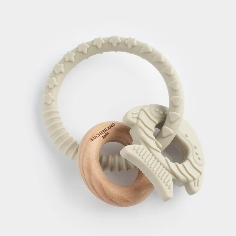 Игрушка-прорезыватель, 2 подвески, на кольце, силикон/дерево, серая, Рыбка и кольцо, Kiddy, image-2