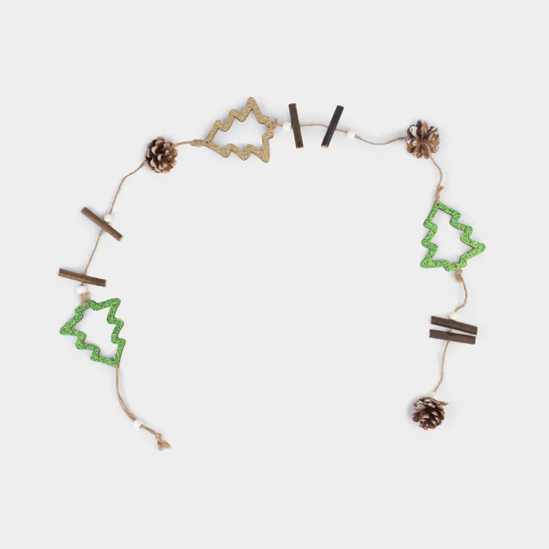 Гирлянда декоративная, 1 м, дерево, с блестками, Елки с шишками, Figure wood