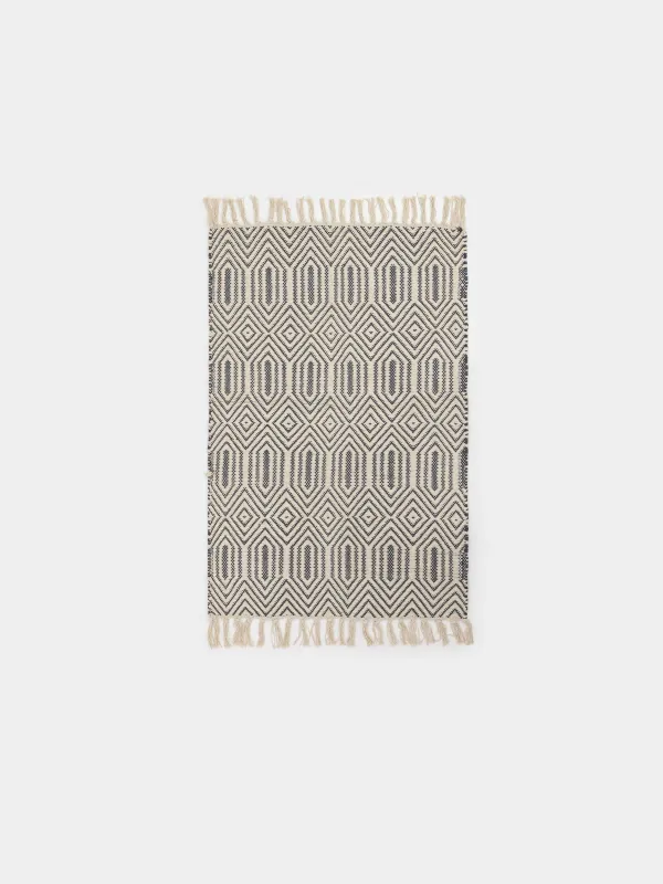 Коврик, 60x90 см, с бахромой, хлопок, черно-молочный, Rhombic, image-0