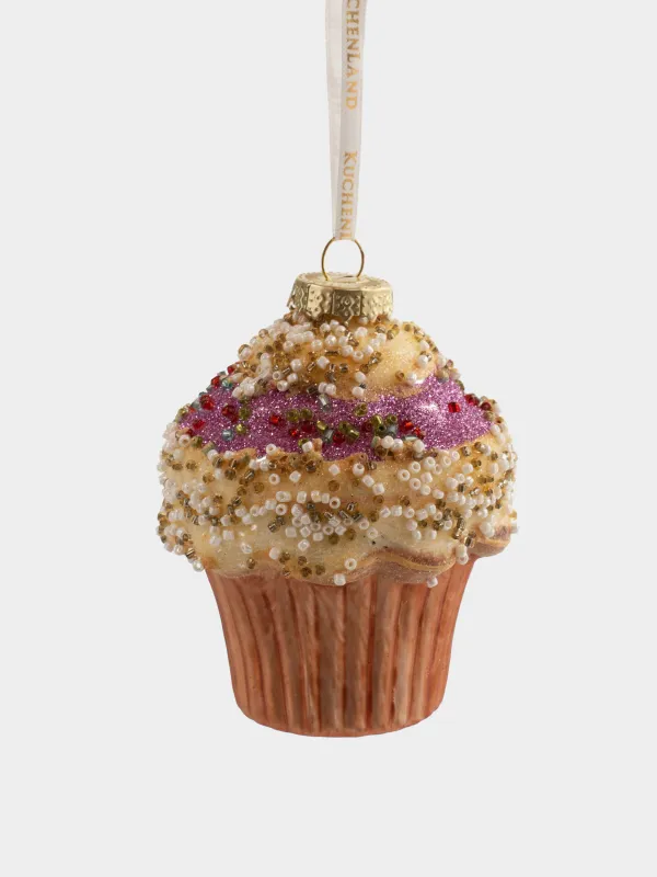 Игрушка елочная, 7x10 см, стекло, с блестками, молочно-розовая, Кекс, Figure sparkle, image-0