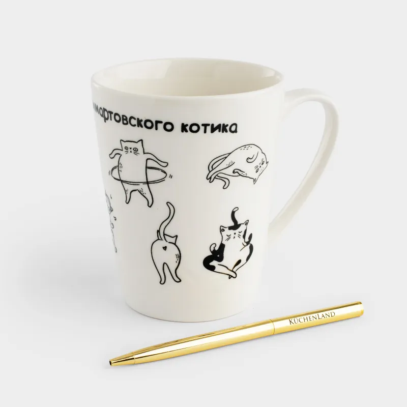 Кружка, 420 мл, с шариковой ручкой, фарфор N/сталь, белая, Коты, Cat, image-0