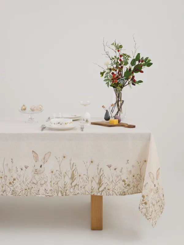 Скатерть, 170х250 см, полиэстер/лен, бежевая, Кролик в цветах, Bunny in flowers, image-0