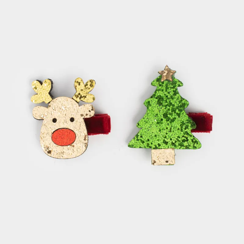 Набор заколок для волос, 4 см, 2 шт, детский, полиэстер, Елка/Олень, Hairstyle