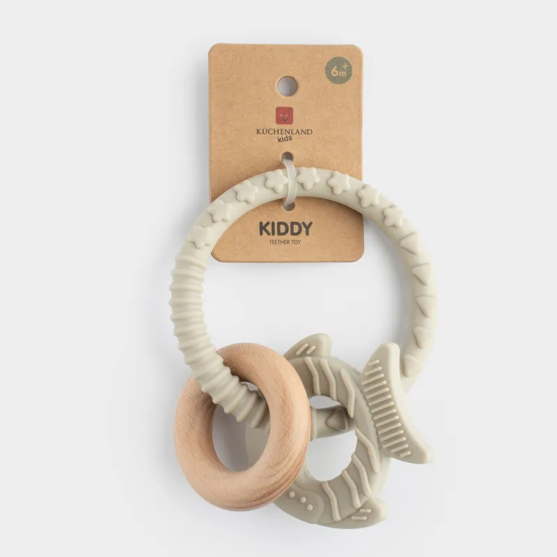 Игрушка-прорезыватель, 2 подвески, на кольце, силикон/дерево, серая, Рыбка и кольцо, Kiddy, image-6