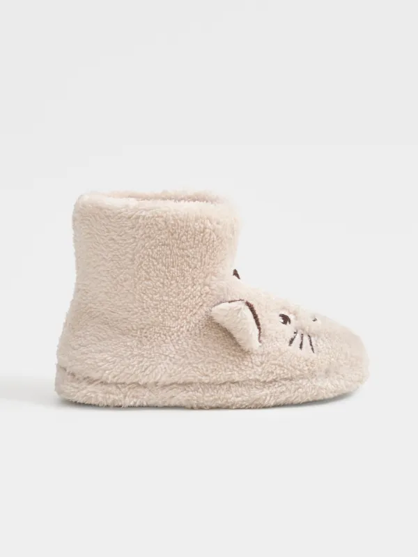 Тапочки детские, домашние, высокие, флис/полиэстер, бежевые, Кот, Funny cat, image-0