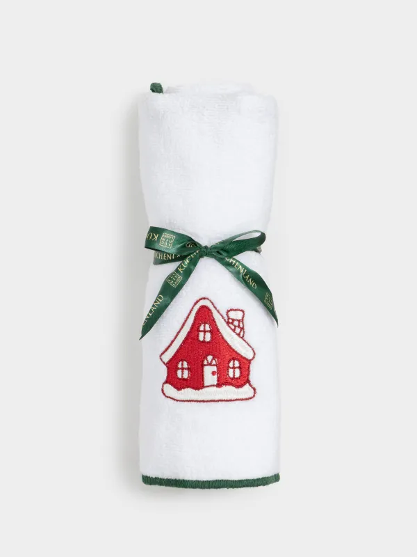 Полотенце кухонное, 40х60 см, хлопок, белое, с зеленым кантом, Домик и ели, Forest house, image-5