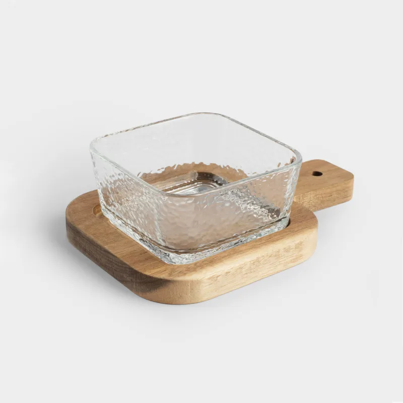 Пиала, 10х4 см, на подставке, стекло/дерево, квадратная, Ripply wood