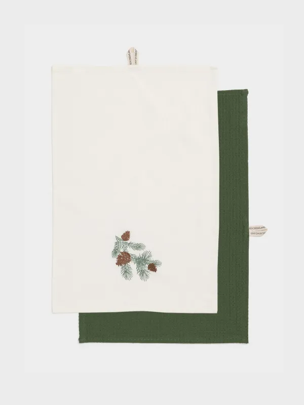 Полотенце кухонное, 40х60 см, 2 шт, хлопок, молочное/зеленое, Шишки на ветке, Conifer, image-0
