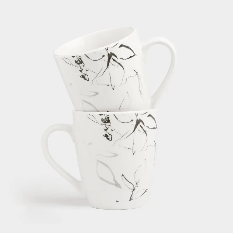 Кружка, 350 мл, 2 шт, фарфор P, белая, Силуэтные цветы, Silhouette flowers