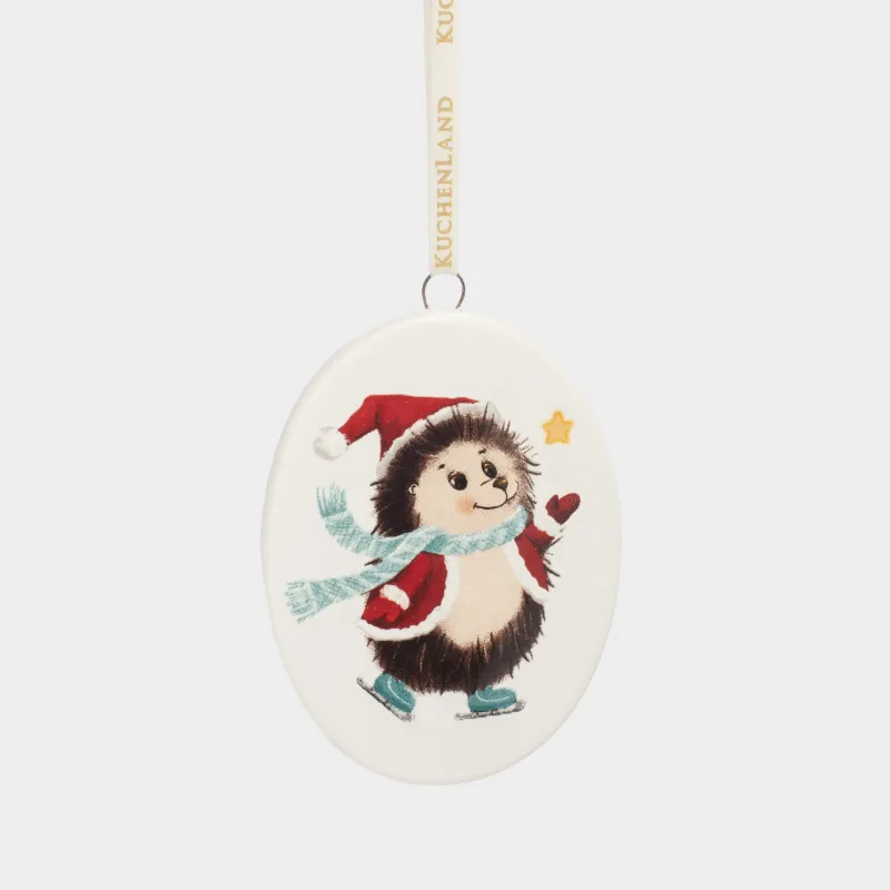 Игрушка елочная, 8 см, керамика D, белая, Еж на коньках, Hedgehog christmas
