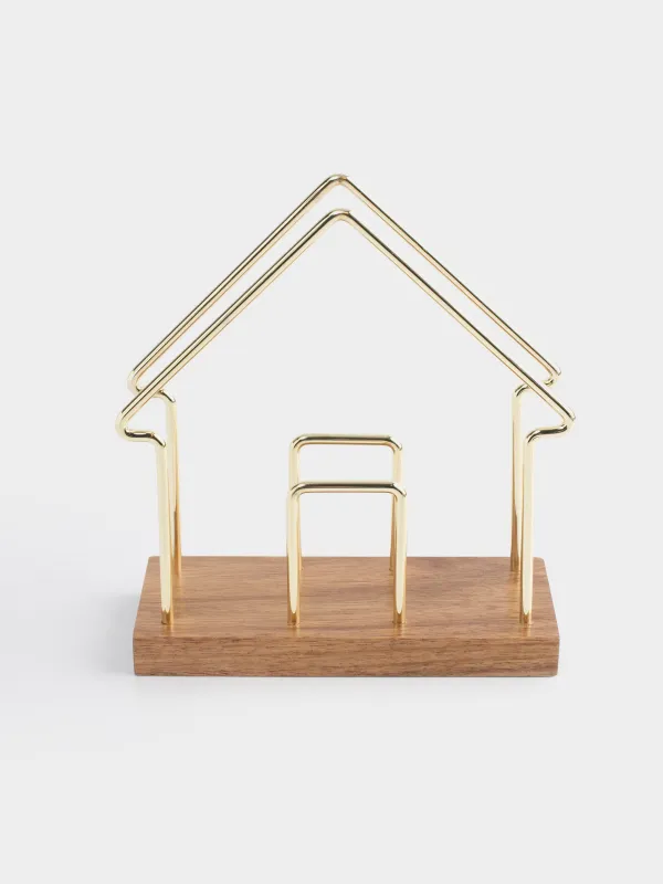 Салфетница, 14 см, на подставке, металл/дерево, золотистая, Дом, Noble tree, image-0