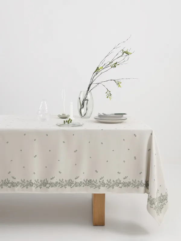 Скатерть, 170х250 см, жаккард, полиэстер, молочная, Зеленые цветы, Green flowers, image-0