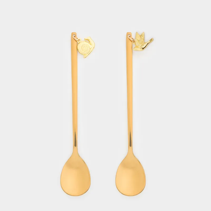 Ложка десертная, 13 см, 2 шт, сталь, золотистая, Птица/Улитка, Tale garden
