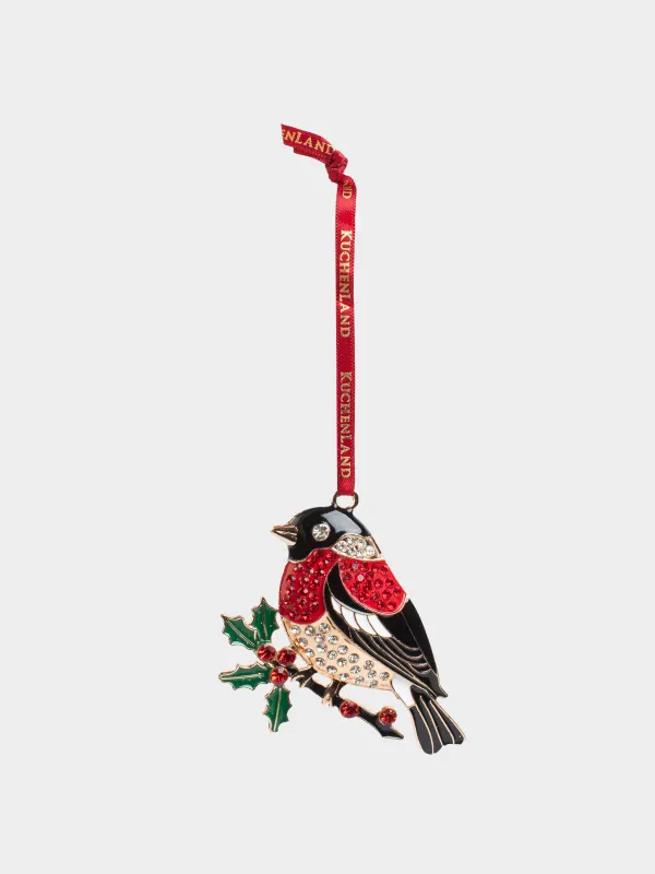 Игрушка елочная, 8 см, металл/стразы, зелено-красная, Снегирь на ветке, Figure christmas, image-2